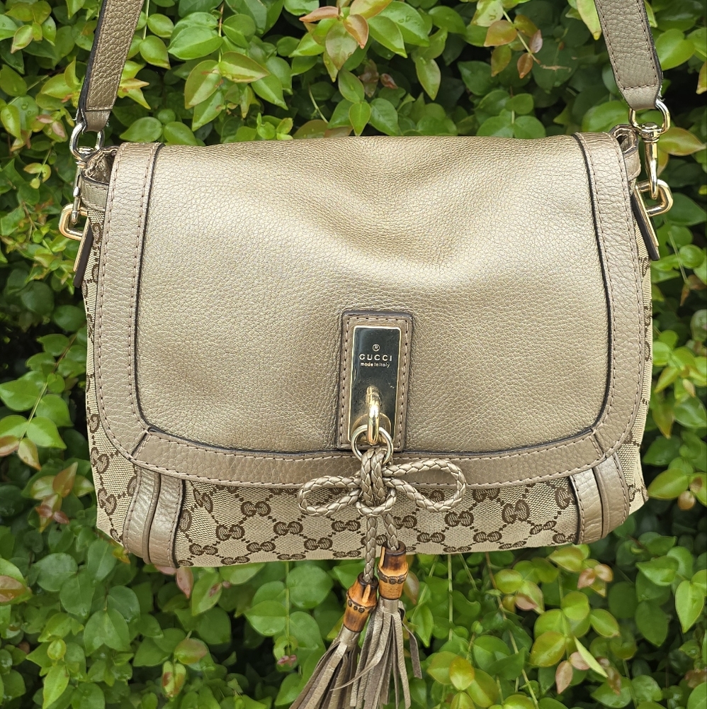 Gucci GG Canvas Medium Bella Flap Bag Brown Metallic